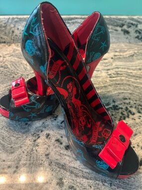 Iron Fist Black and Red Peep-Toe High Heels with Teal Accent